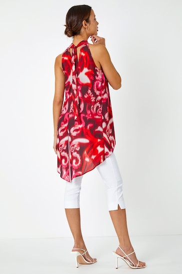 Roman Red Sleeveless Swirl Print Halter Neck Top