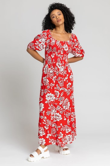 Roman Red Petite Floral Print Shirred Bodice Maxi Dress