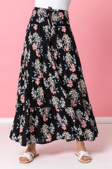 Roman Black Floral Shirred Waist Maxi Skirt