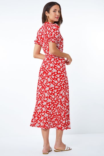 Roman Red Ditsy Floral Print Jersey Fit & Flare Dress
