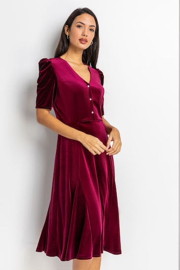 Roman Pink Velvet Button Detail Midi Dress