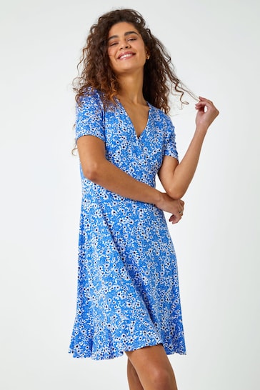 Roman Blue Floral Print Wrap Dress
