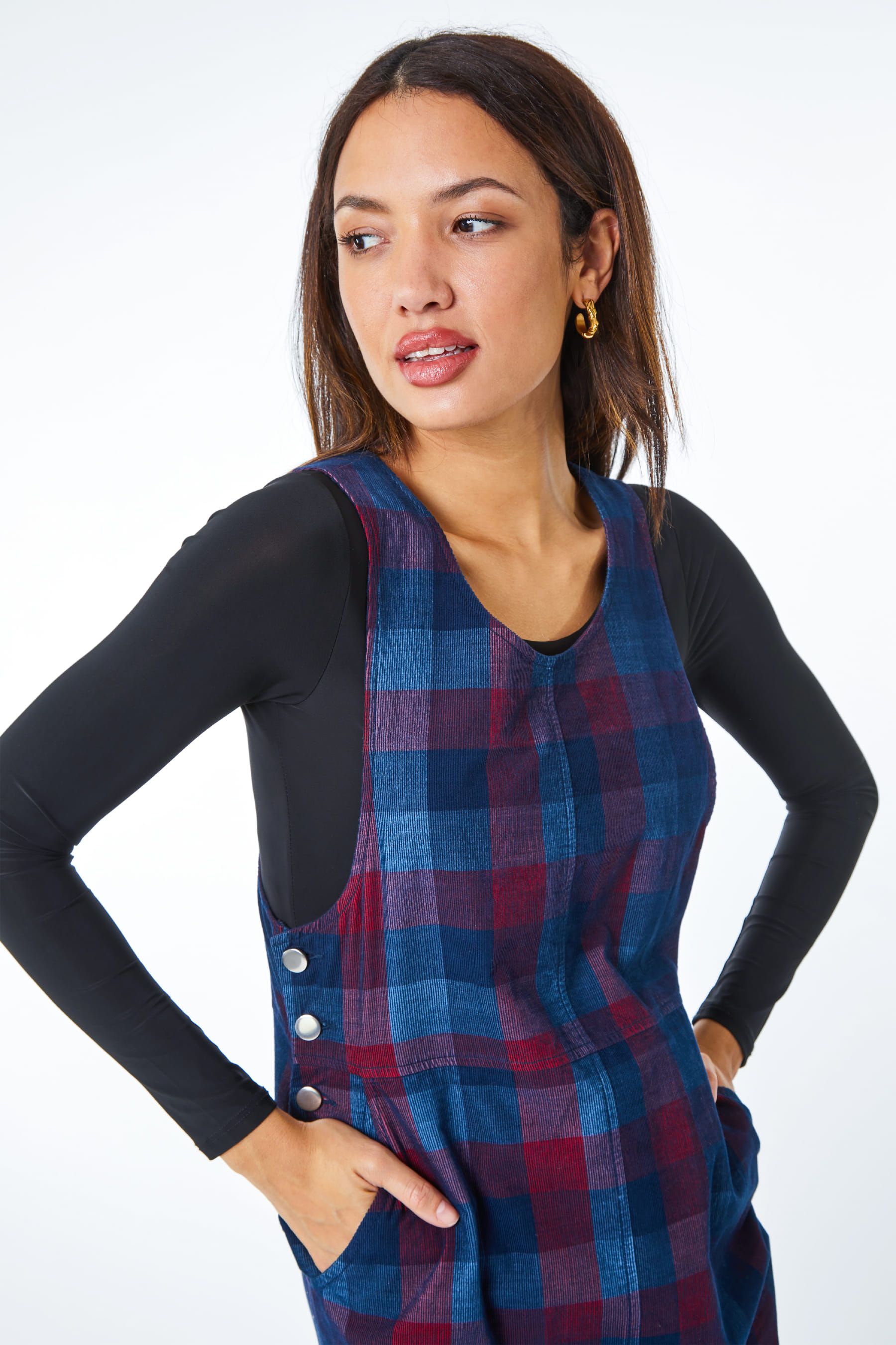 Check corduroy pinafore dress deals