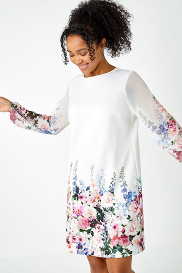 Roman White Petite Premium Stretch Floral Shift Dress