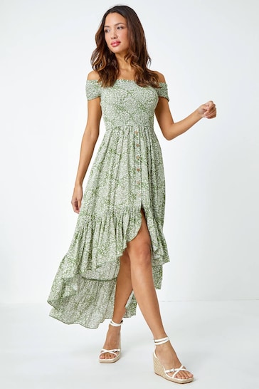 Roman Green Printed Shirred Stretch Bardot Dress
