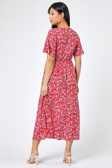 Roman Red Petite Floral Print Flute Sleeve Dress