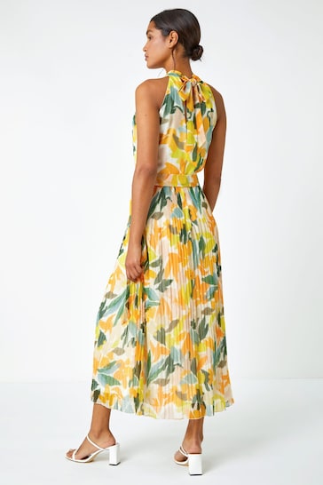 Roman Yellow Floral Halterneck Pleated Maxi Dress