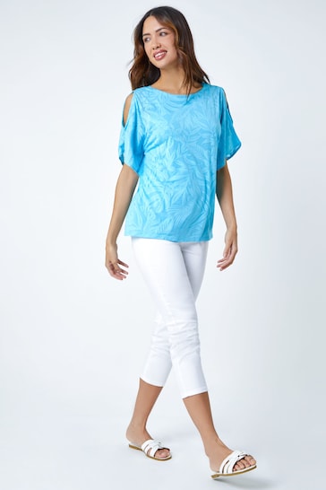 Roman Blue Burnout Tropical Leaf Overlay Top