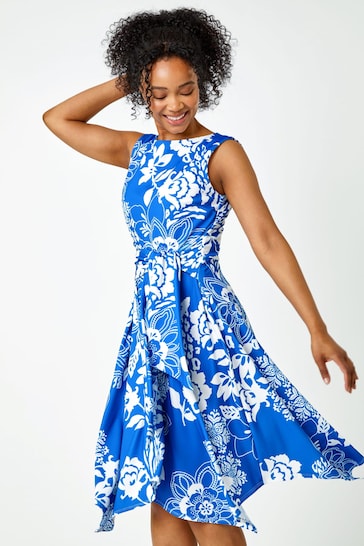 Roman Blue Petite Tie Waist Floral Stretch Dress