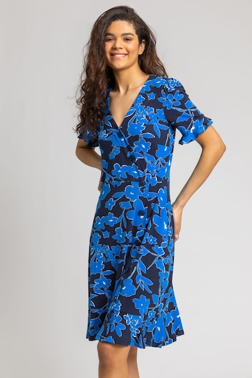 Roman Blue Floral Side Button Tea Dress