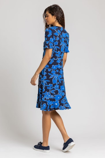 Roman Blue Floral Side Button Tea Dress