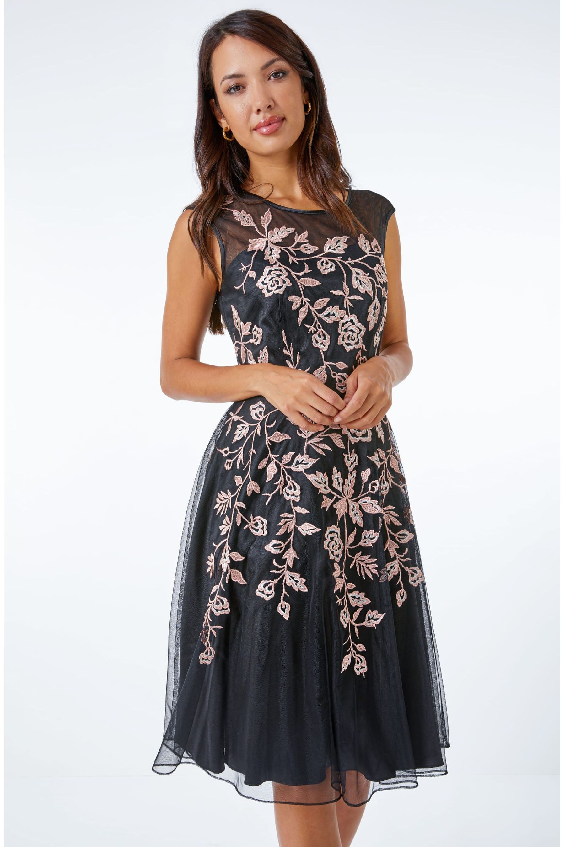 Roman Black Floral Embroidered Fit Flare Dress