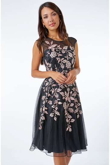 Roman Black Floral Embroidered Fit & Flare Dress