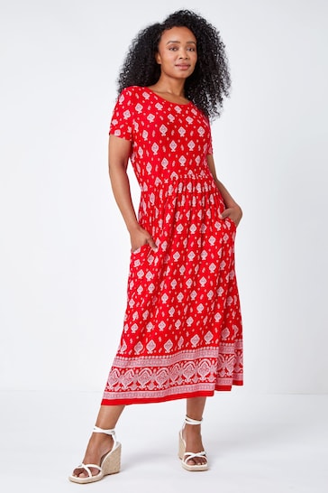 Roman Red Petite Border Print Stretch Midi Dress