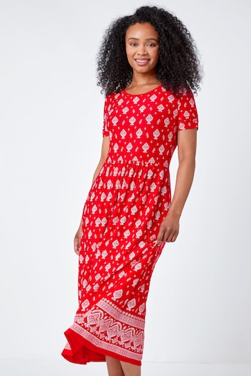 Roman Red Petite Border Print Stretch Midi Dress