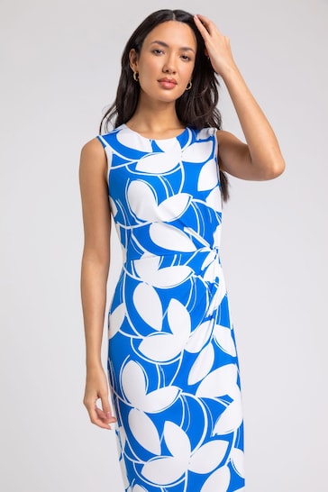 Roman Blue Leaf Print Twist Detail Shift Dress