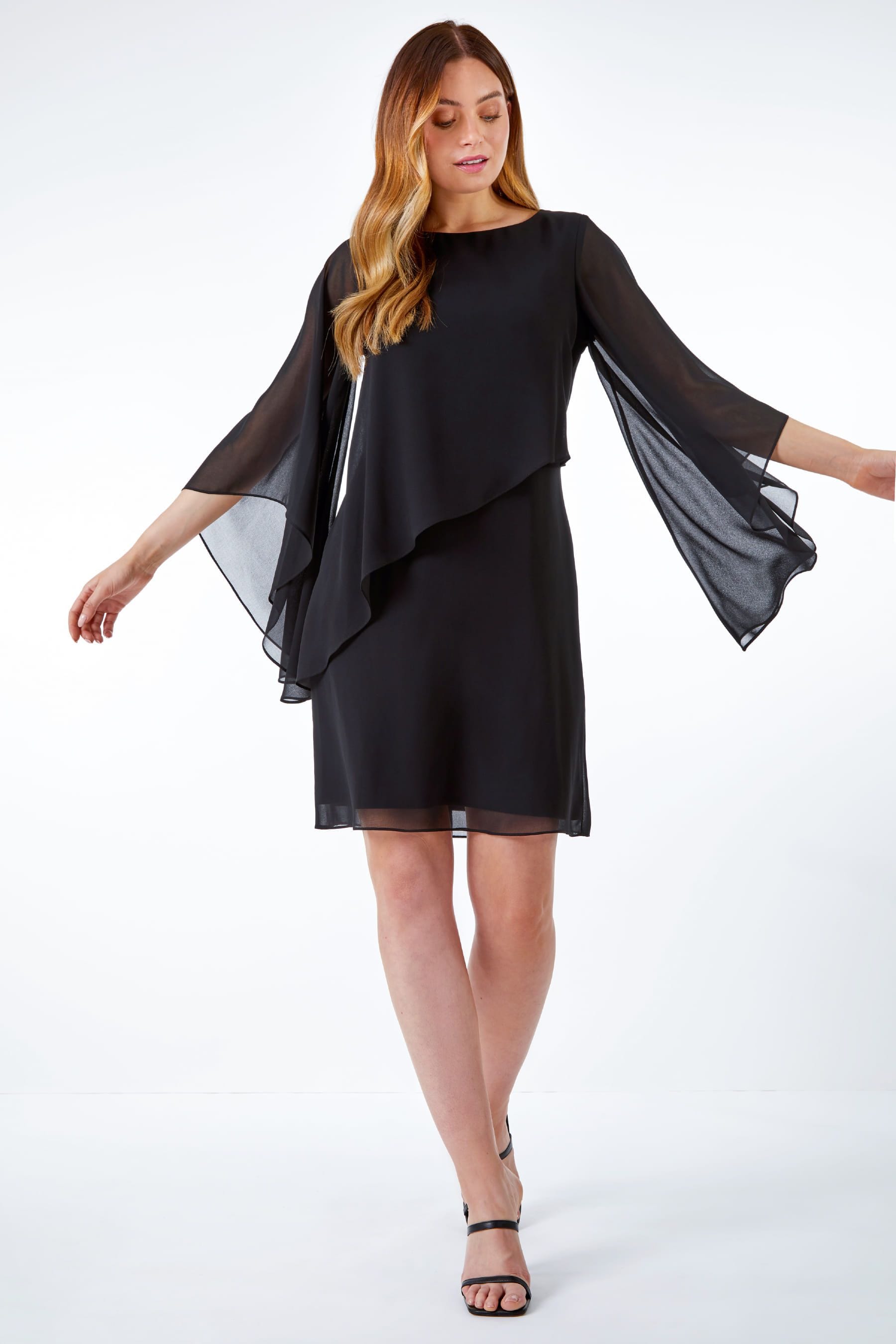 Buy Roman Black Asymmetric Chiffon Overlay Shift Dress from the