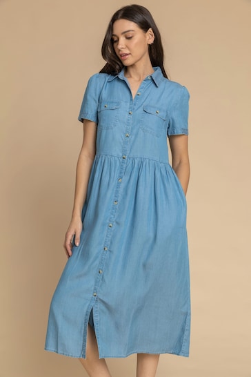 Roman Blue Denim Buttoned Midi Shirt Dress