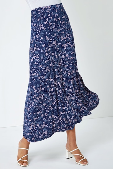 Roman Blue Floral Print Stretch Midi Skirt