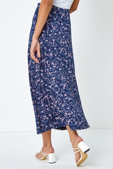 Roman Blue Floral Print Stretch Midi Skirt