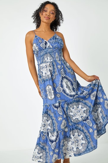 Roman Blue Petite Shirred Waist Tiered Maxi Dress