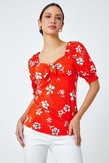 Roman Red Floral Print Tie Detail Jersey Top