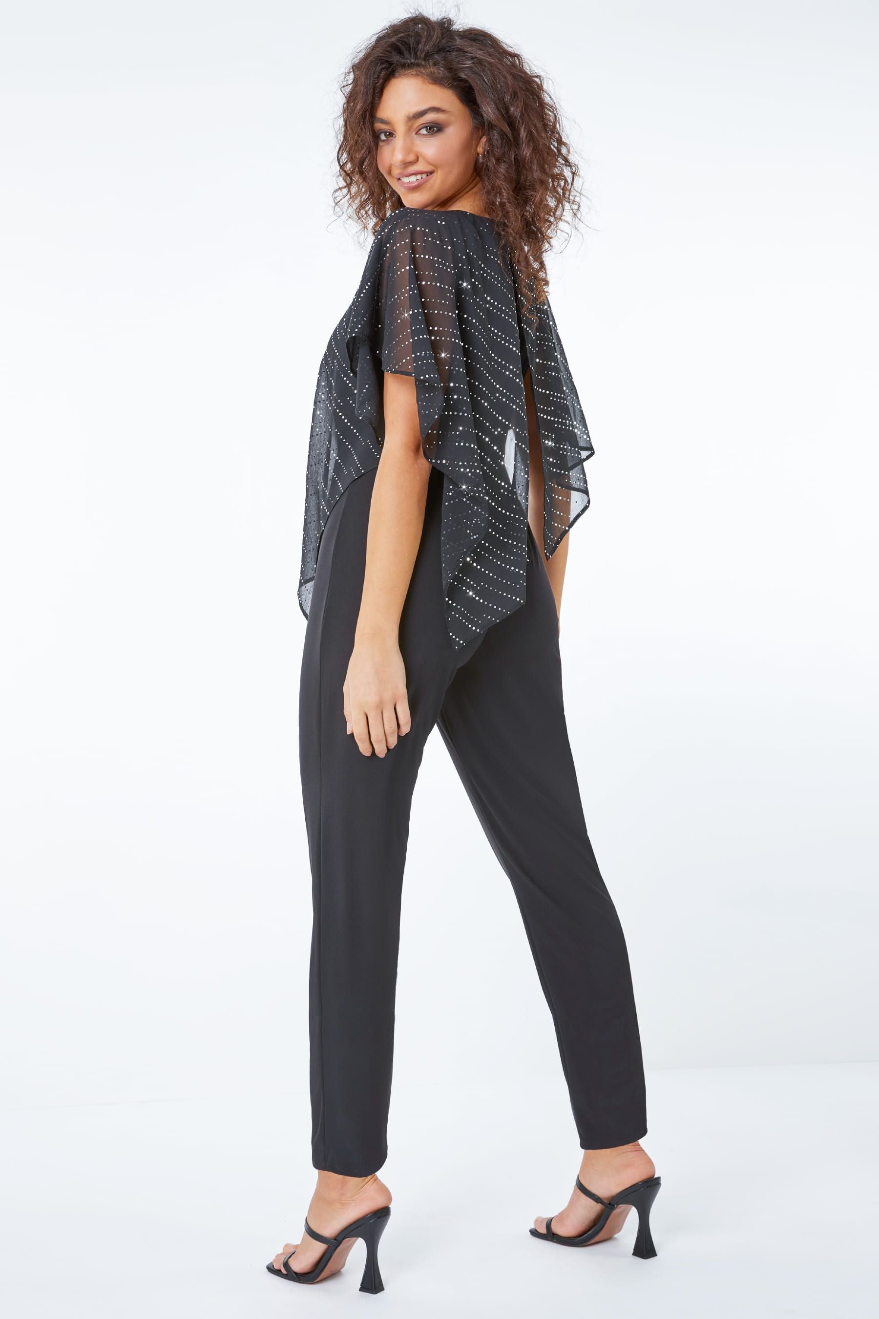 Buy Roman Black Petite Sparkle Chiffon Overlay Jumpsuit from the