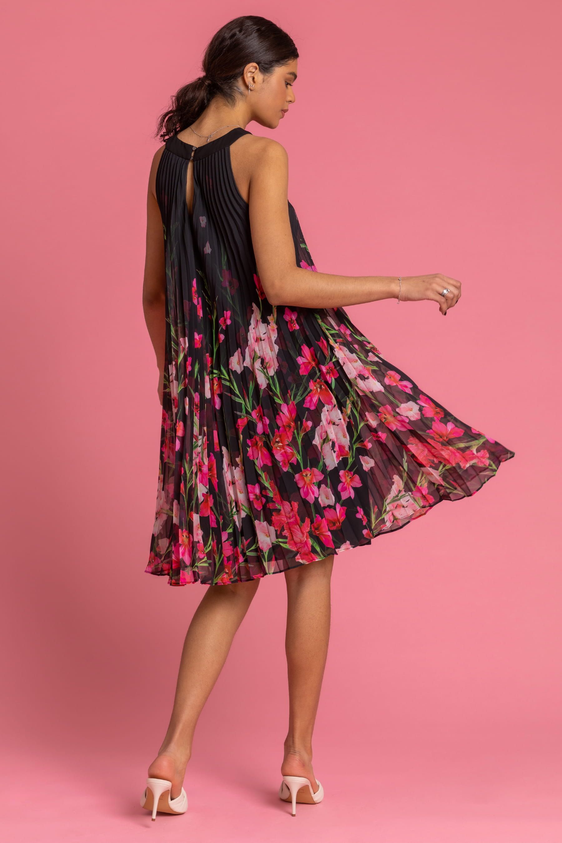 Buy Roman Black High Neck Floral Pleated Swing Dress from the Next