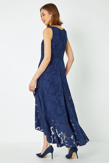 Roman Blue Swirl Jacquard Dipped Hem Midi Dress