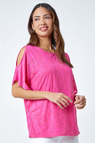 Roman Pink Burnout Tropical Leaf Overlay Top