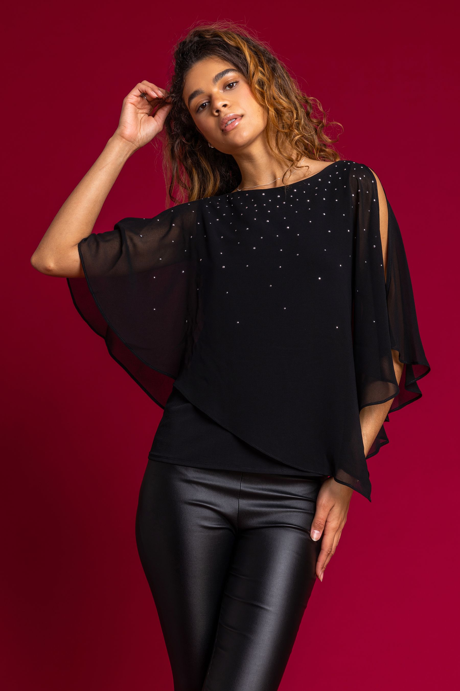 Buy Roman Black Embellished Chiffon Overlay Top from the Next UK