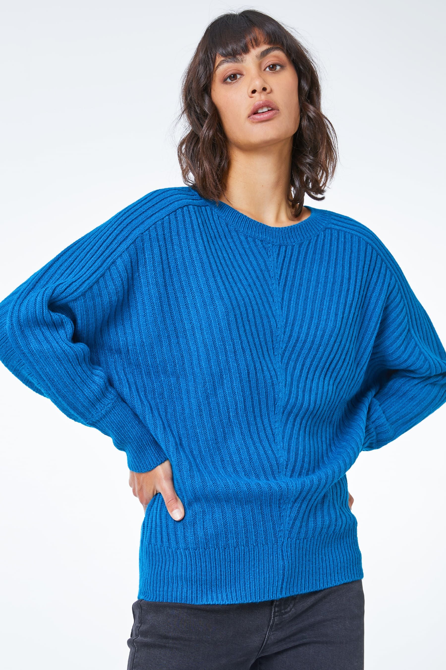Roman Blue Ribbed Batwing Jumper