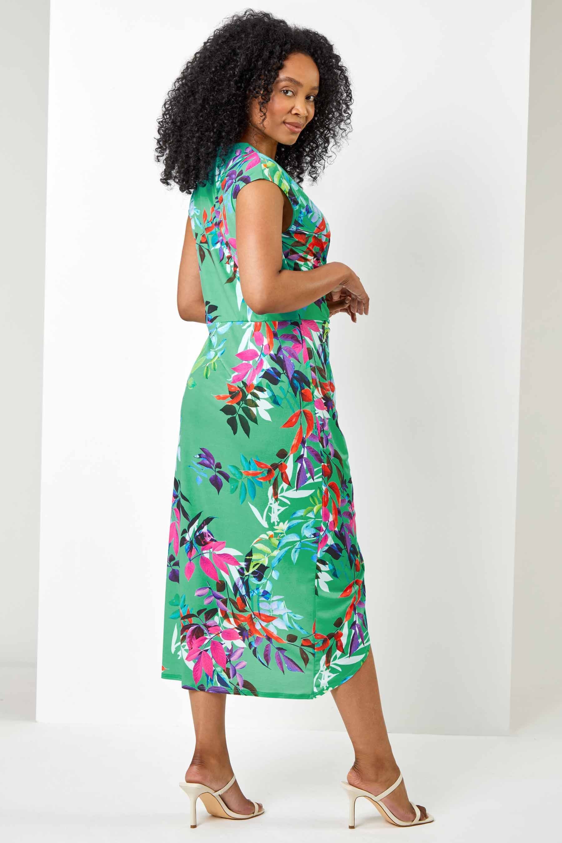 Tropical print wrap dress sales