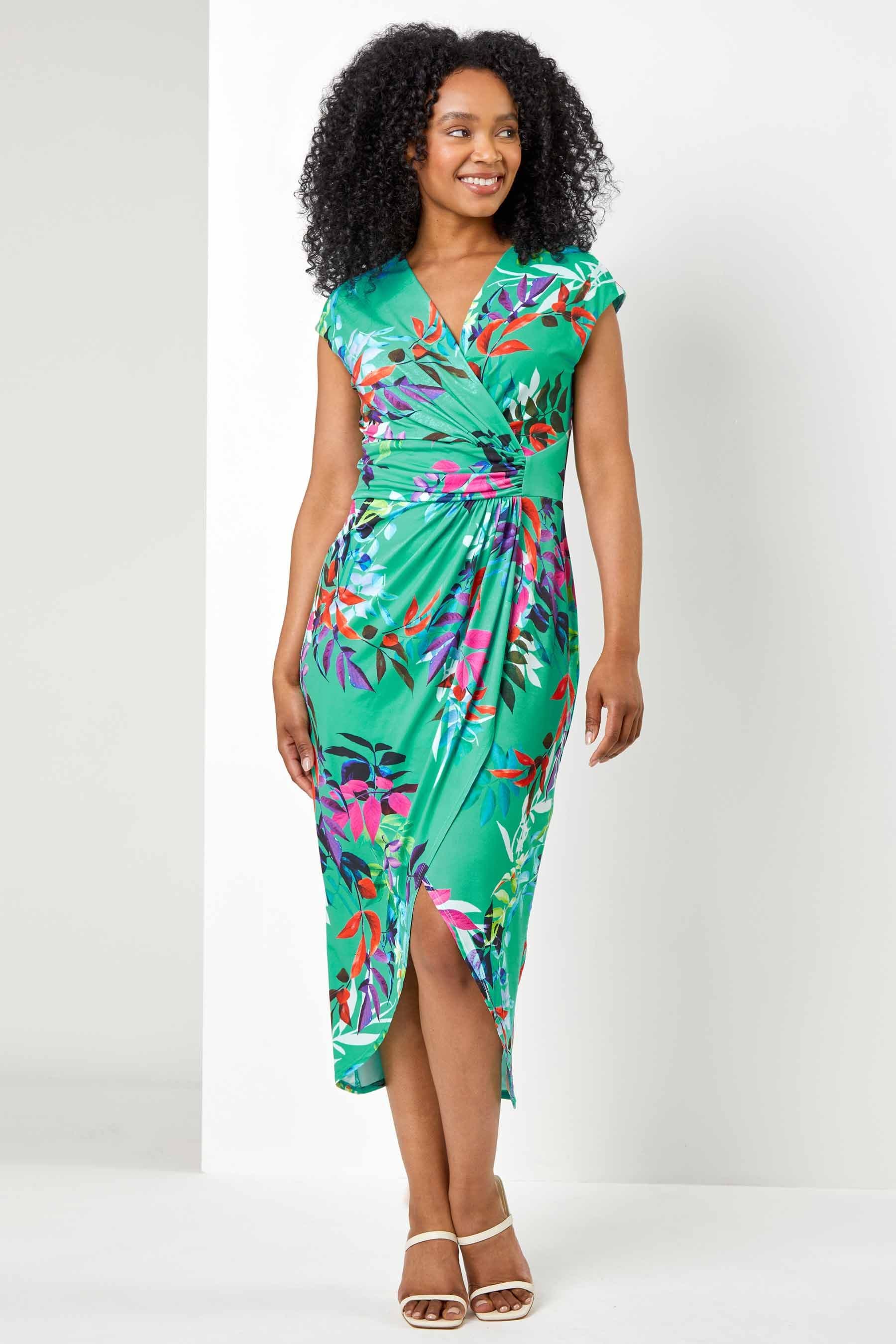 Tropical print wrap dress hot sale