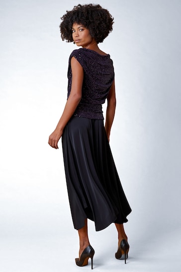 Roman Black Sequin Cowl Neck Contrast Midi Dress