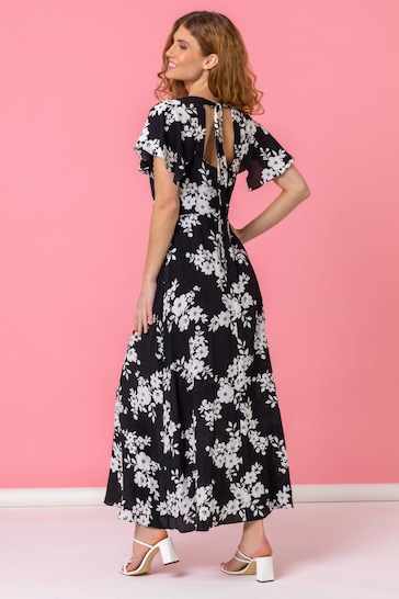 Roman Black Floral Print Back Detail Maxi Dress