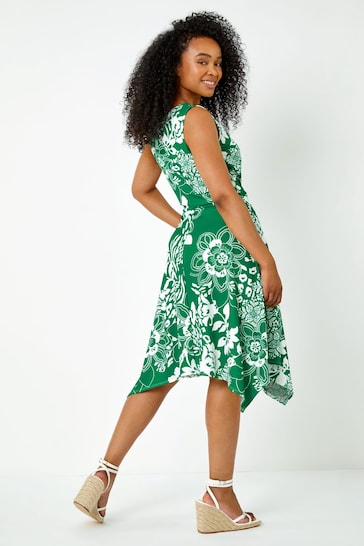 Roman Green Petite Tie Waist Floral Stretch Dress