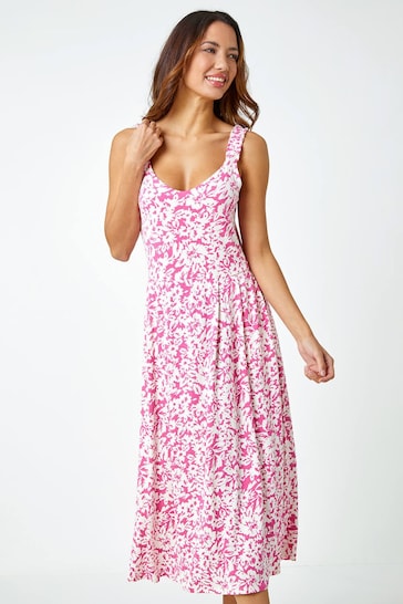 Roman Pink Sleeveless Floral Midi Stretch Dress