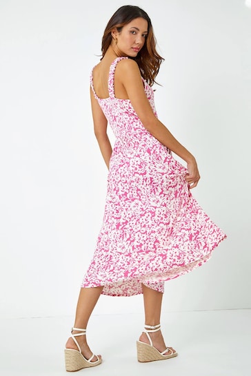 Roman Pink Sleeveless Floral Midi Stretch Dress