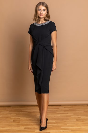 Roman Black Embellished Twist Waist Midi Dress