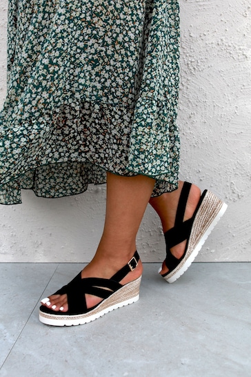 Linzi Black Myla Sling Back Wedge Espadrille Sandals With Cross Over Front Strap