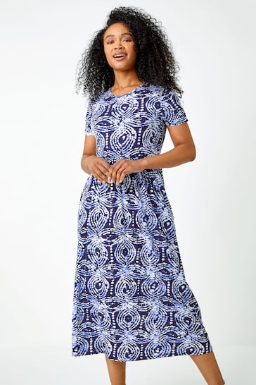 Roman Blue Printed Pocket Stretch Midi Dress
