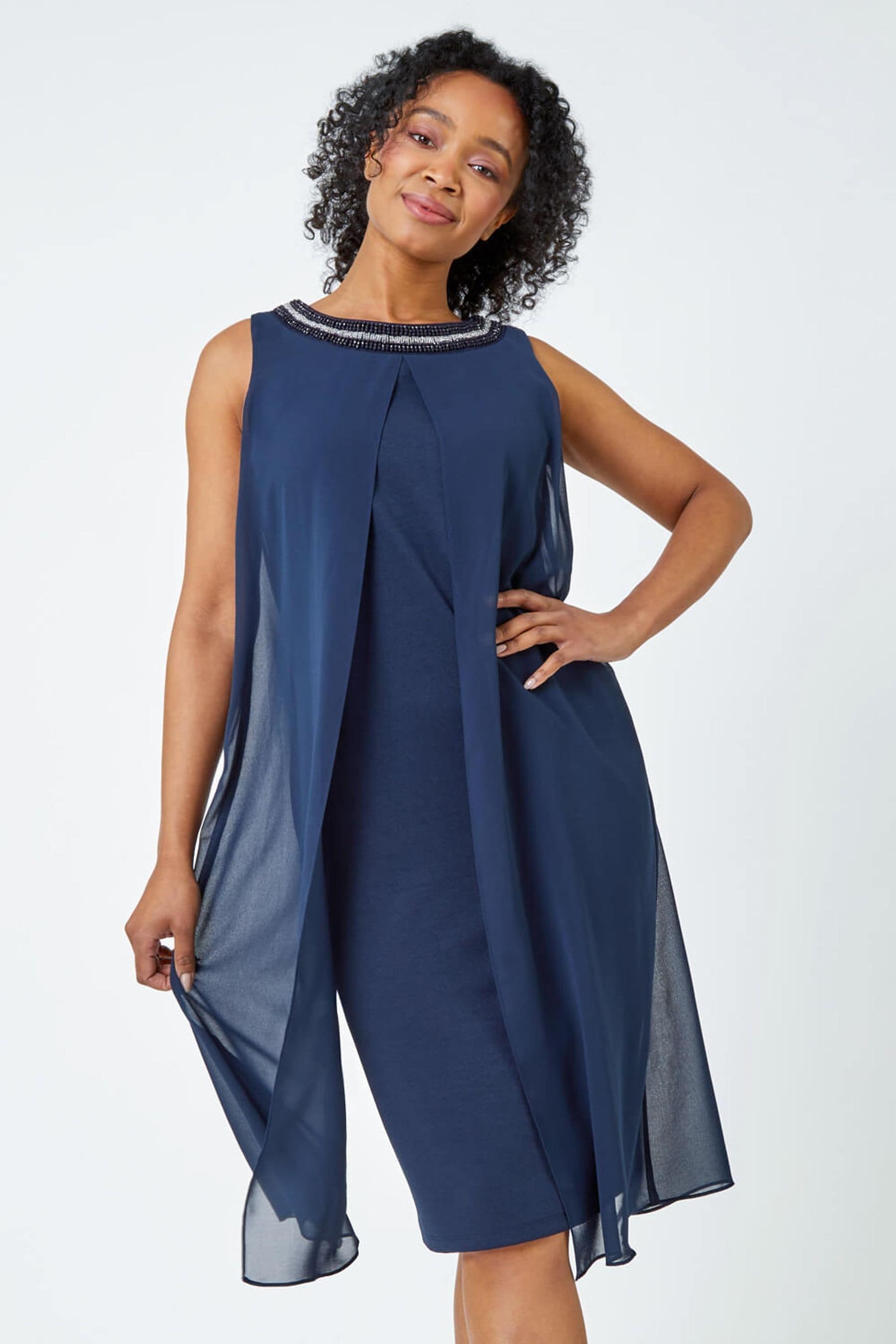 Roman Blue Embellished Neck Chiffon Dress