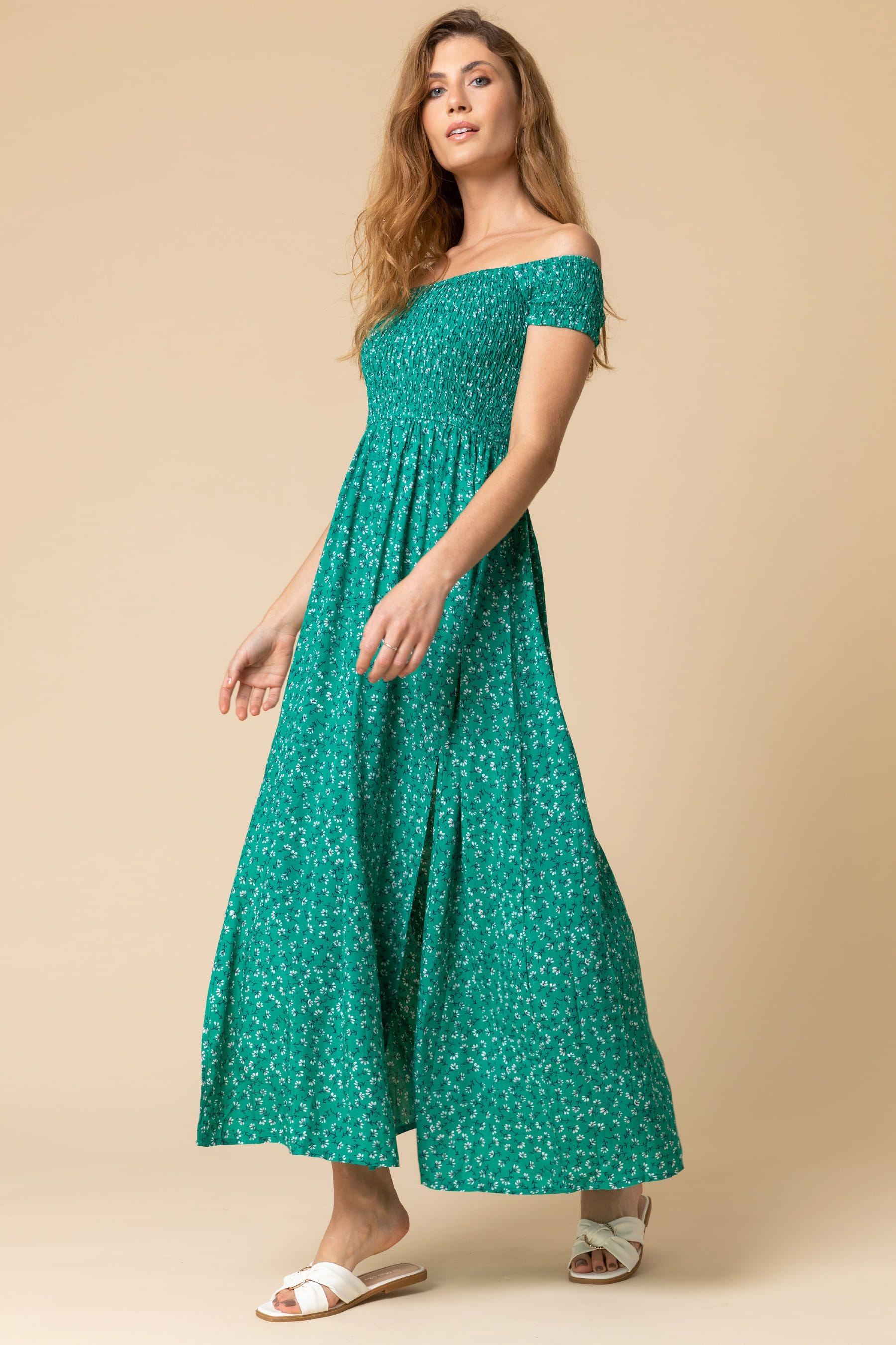 Buy Roman Green Shirred Floral Print Bardot Dress from the Next UK