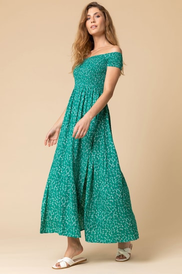 Roman Green Shirred Floral Print Bardot Dress