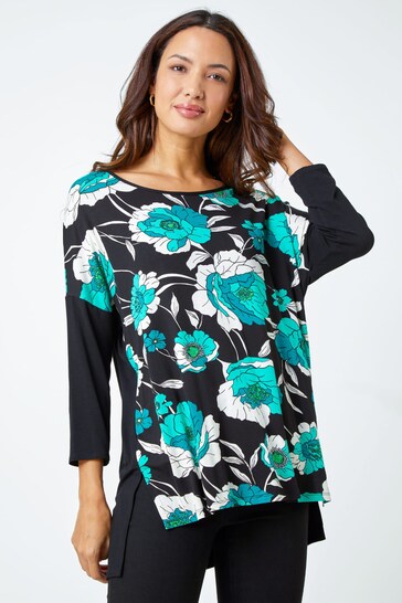 Roman Black Contrast Sleeve Floral Print Top