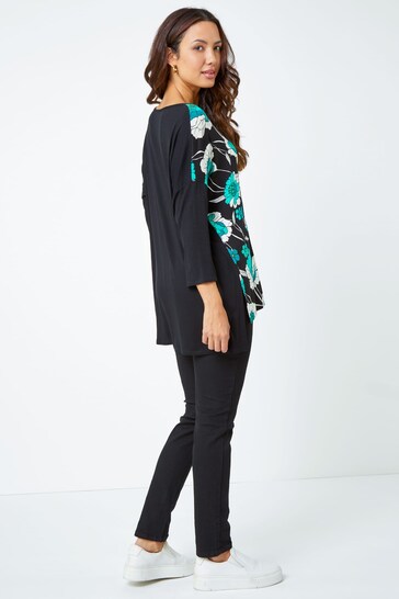 Roman Black Contrast Sleeve Floral Print Top