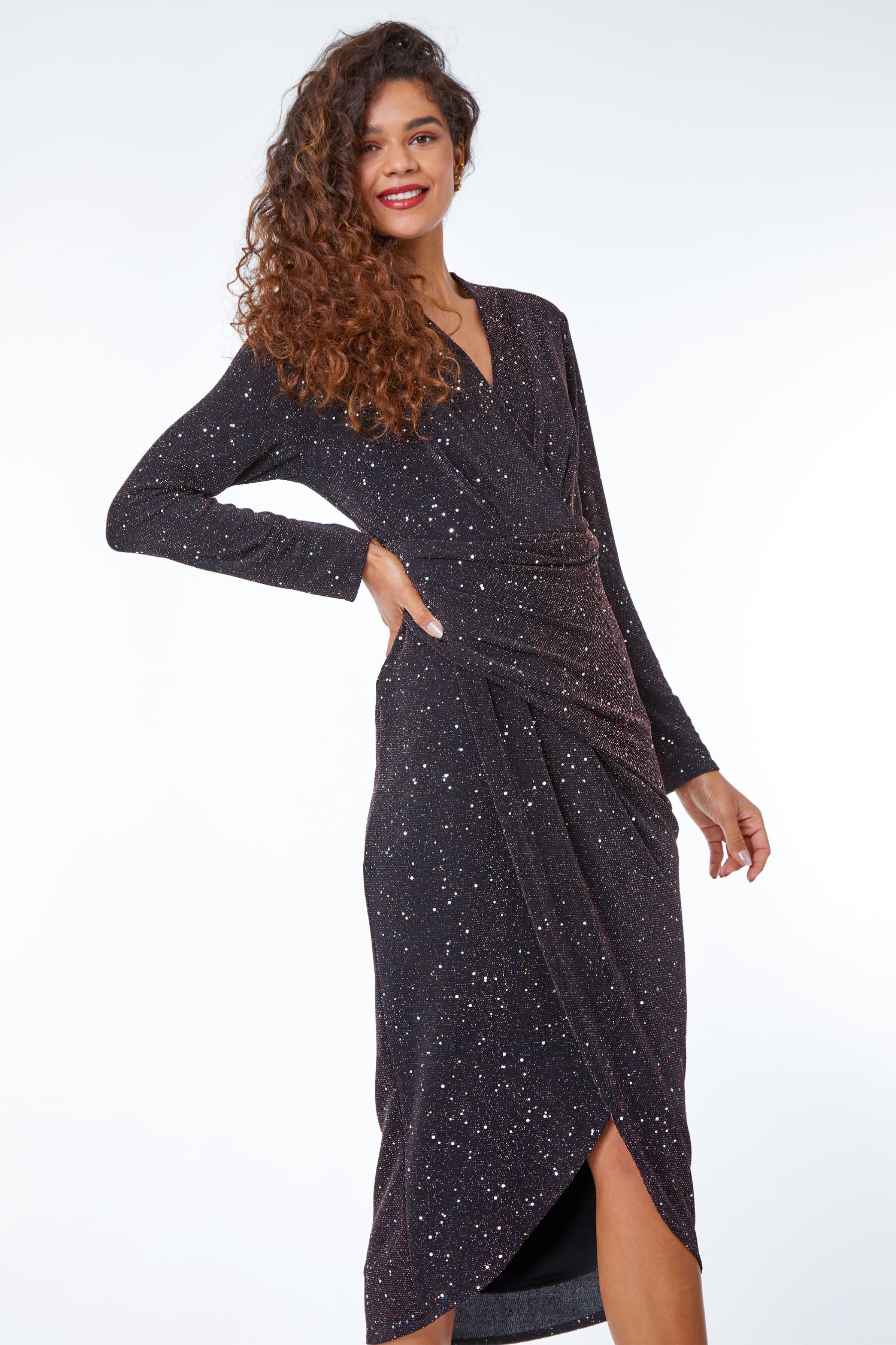 Black glitter wrap dress top