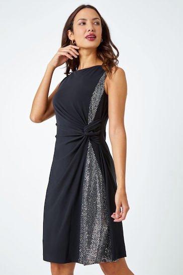 Roman Black Side Twist Sleeveless Glitter Dress