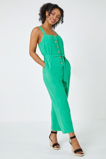 Roman Green Petite Sleeveless Belted Linen Jumpsuit